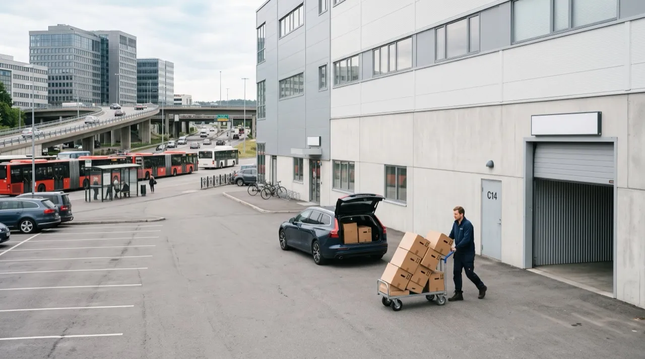 Minilager på Helsfyr – mann triller flytteesker inn i lageranlegg ved kollektivknutepunktet