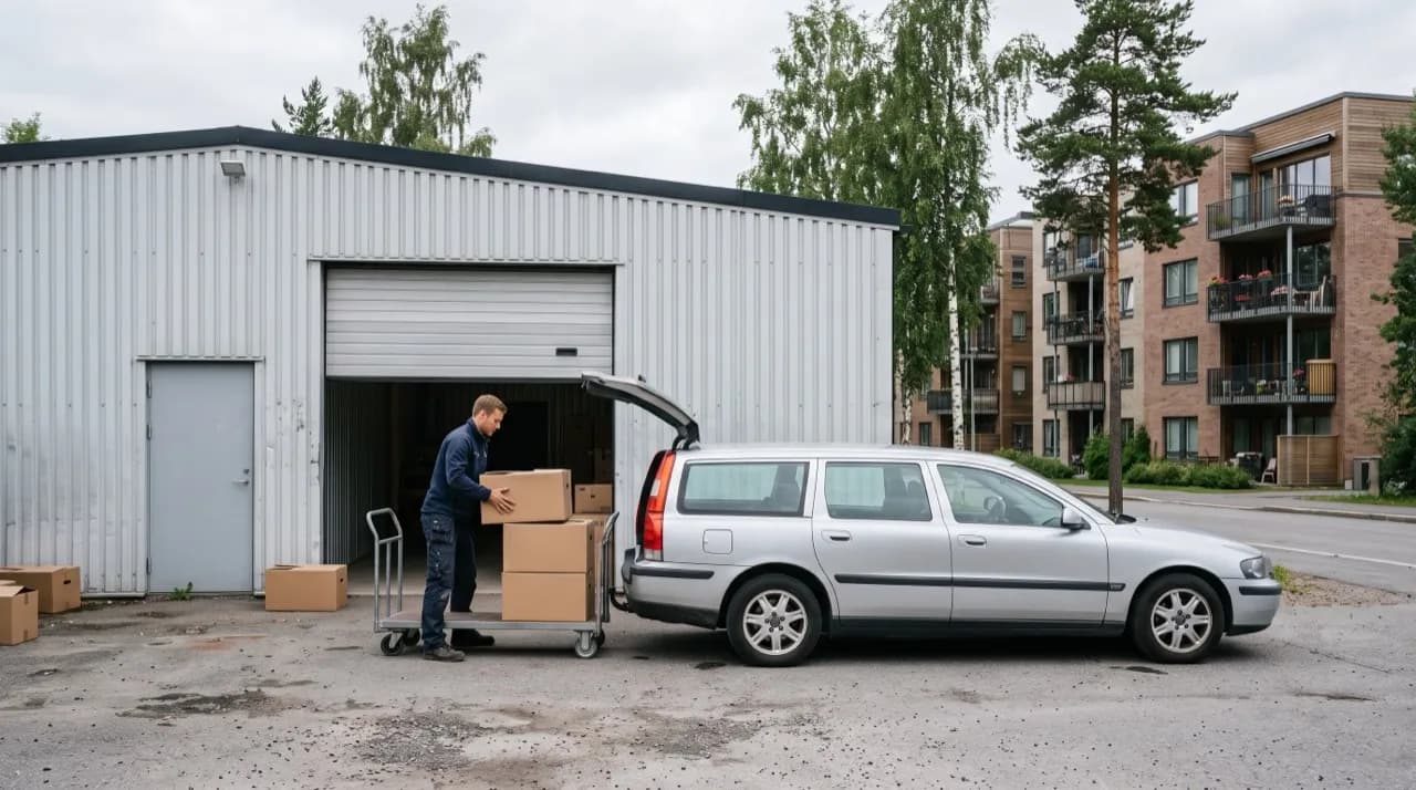 Minilager på Løren – mann bærer eske og lampe inn i lageranlegg i boligkvartal